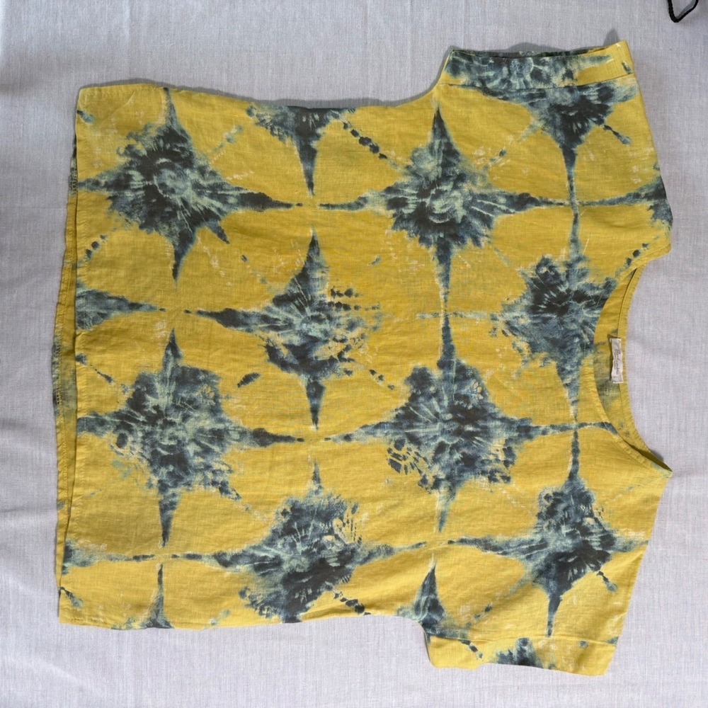 Bellambra Made in Italy 100% Linen Top Mustard Teal Shibori Print Womens Large - Picture 9 of 11
